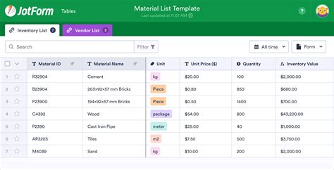 material list template jotform tables