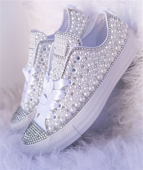 pearly white  crystal  top luxe converse sapatos de casamento tenis de casamento noiva