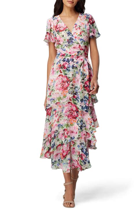 Women S Tahari Floral Print Ruffle Chiffon Midi Dress Size 12 Pink
