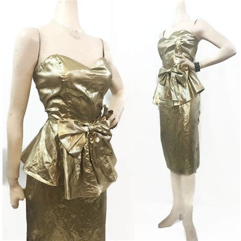 vintage  dress gold lame strapless peplum bustle  bows cocktail formal prom   vintage
