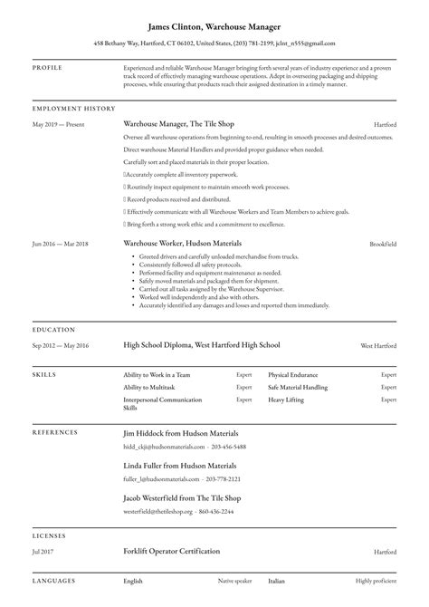 warehouse manager resume template