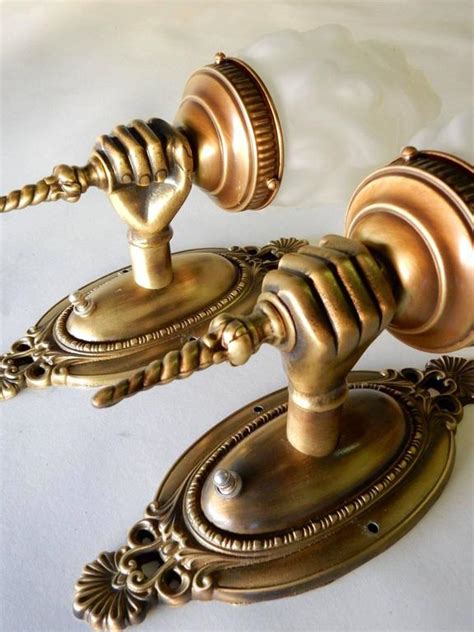 Pair Antique Brass Hand Torch Wall Sconce Lamps At 1stdibs