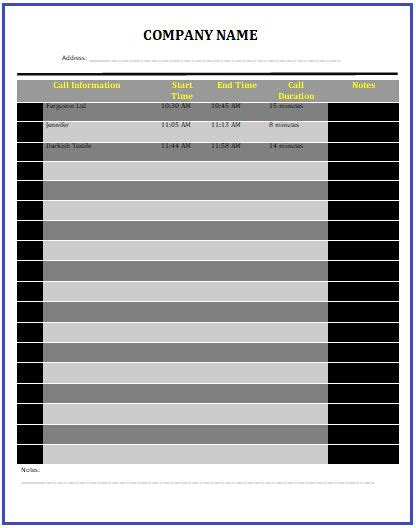 call log template templates excel  printables