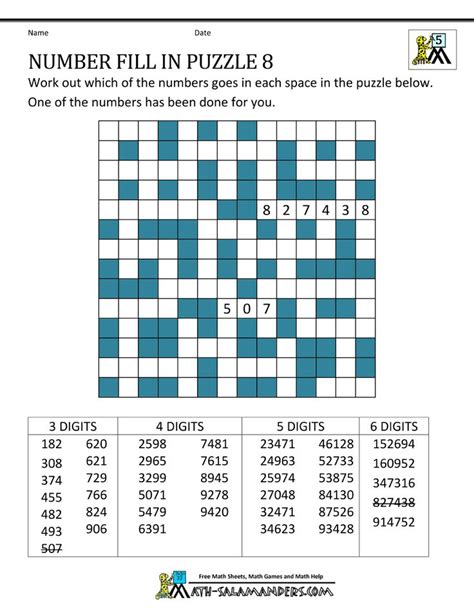 printable number puzzles number fill  puzzle  fill  puzzles