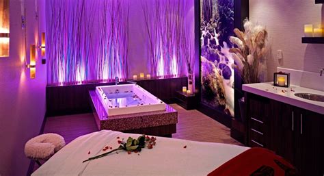 spa room  purple lighting  flowers   bed    bathtub