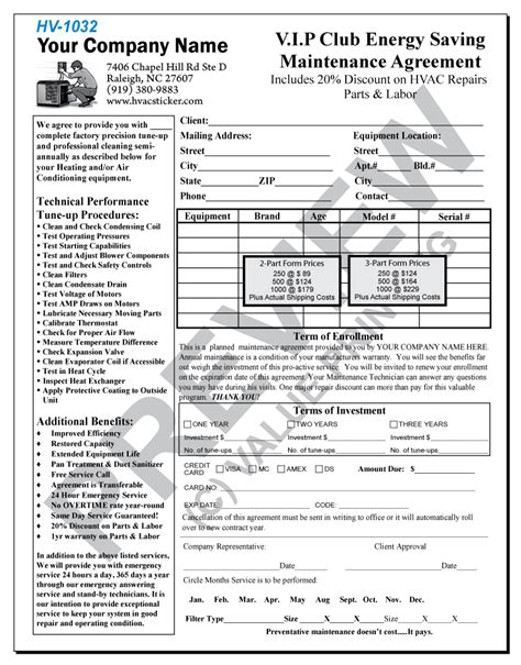 hvac maintenance contract forms  printable documents