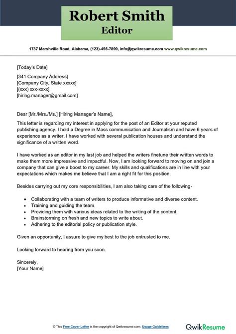 editor cover letter examples qwikresume