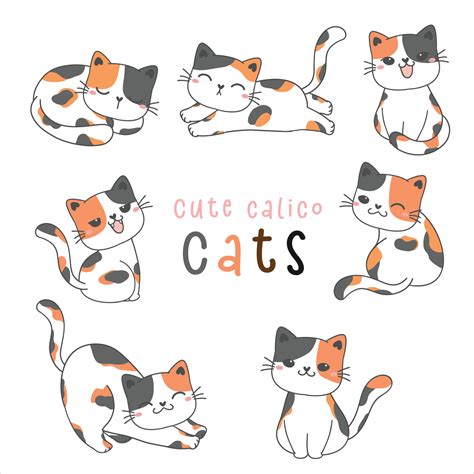 group  cute playful calico kitty cat drawing illustration tricolor