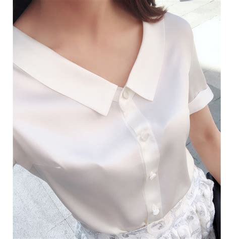 deva fashion solid white silk women blouses summer short sleeve unique