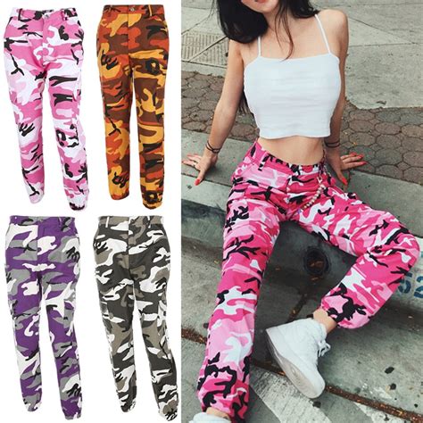 fashion women camouflage pant high waist hiphop pink camo pant with