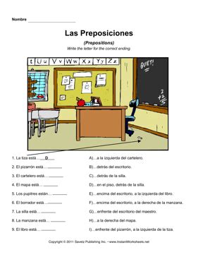 spanish prepositions  spanish prepositions spanish worksheets