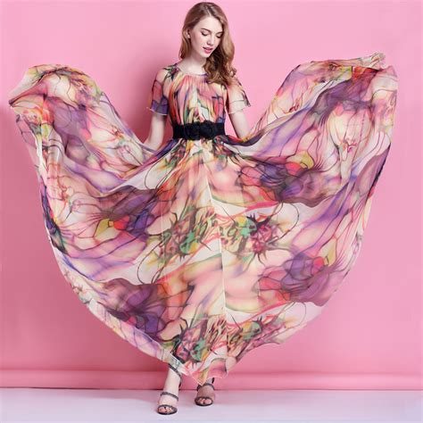 Colorful Floral Printed Chiffon Long Maxi Dress Free And Loose Beach