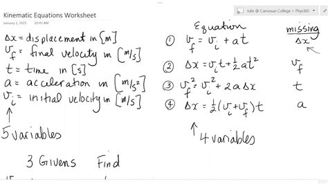 kinematic equations practice worksheet