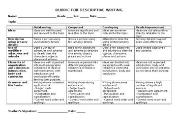 descriptive writing rubric   life learning tpt