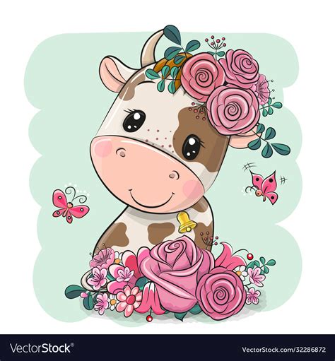Cartoon Cow With Flowers On A Green Background Vector Image