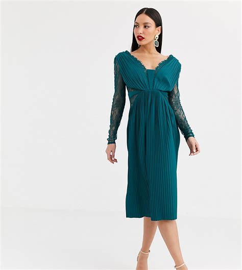 asos design tall midi jurk met lange mouwen met kant en plooien groen tall fashion