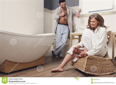 couple in the bathroom stock image image of care applying 30179121