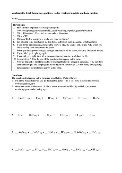 balancing redox equations worksheet answers chemistry