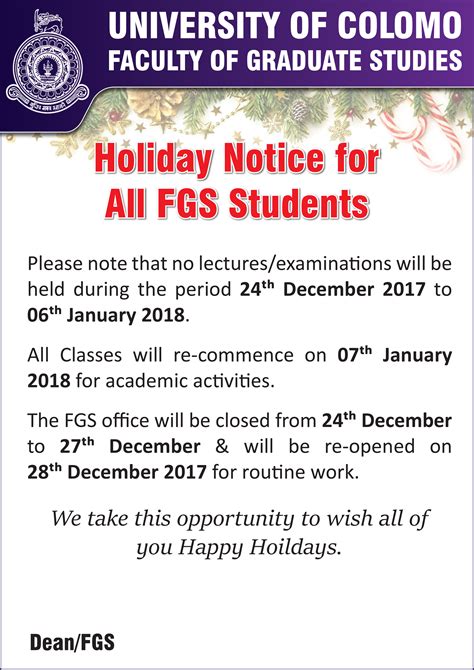 holiday notice faculty  graduate studies
