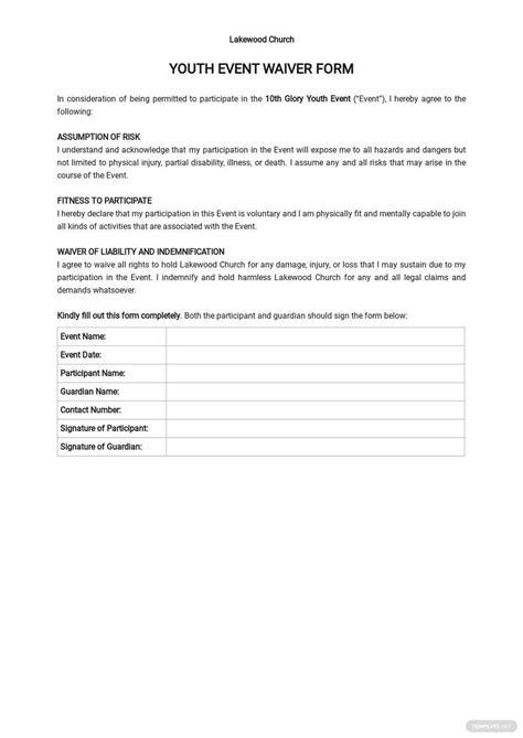 youth event waiver form template  word google docs