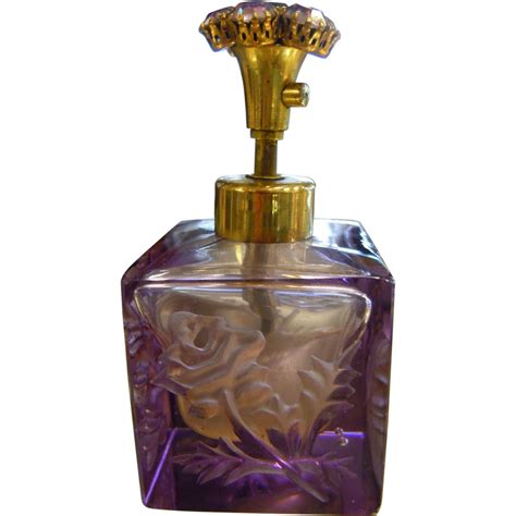 Beautiful Vintage Engraved Purple Glass Perfume Bottle W Purple Pink