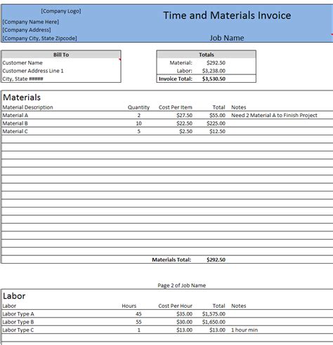 time  materials invoice printableexcel template invoice