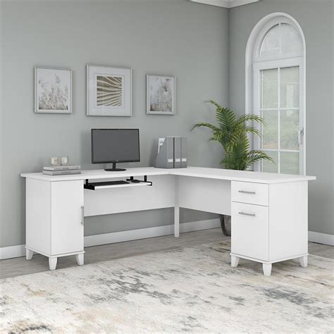 somerset   shaped desk  storage  white engineered wood