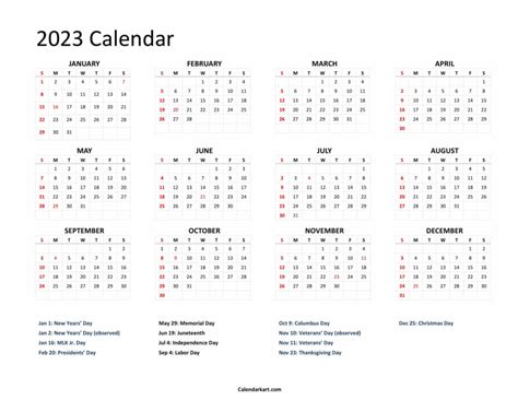 year   glance printable calendar