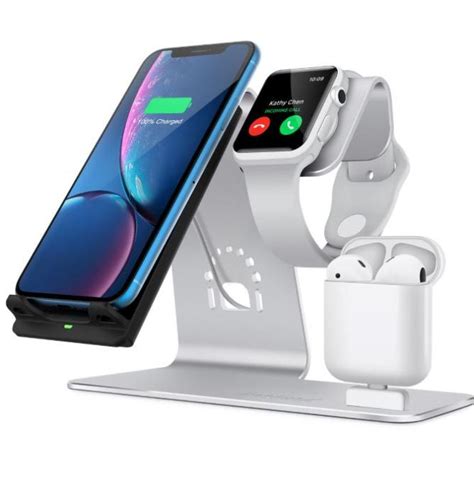 qi wireless fast charging ladestation fuer iphone apple  airpods silber