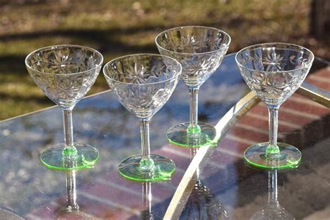 vintage etched cocktail martini glasses set   vintage green foot