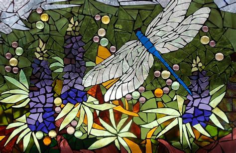 Mosaic Stained Glass Lupins And Dragonfly Glass Art By