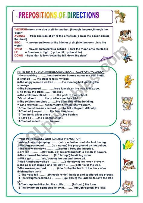preposition  direction worksheet prepositions english grammar
