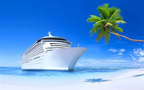 steamship ship tourism travel beach island sunny blue summer palms sand sea calm