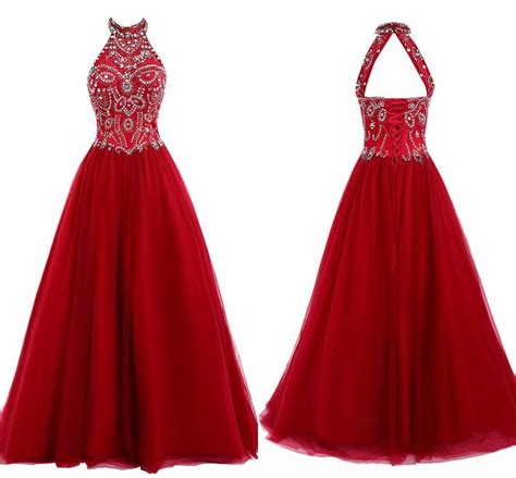 2021 Halter Top A Line Prom Formal Dresses Long Crystal
