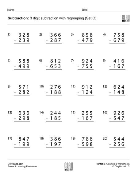 subtraction worksheet  digit subtraction  regrouping set