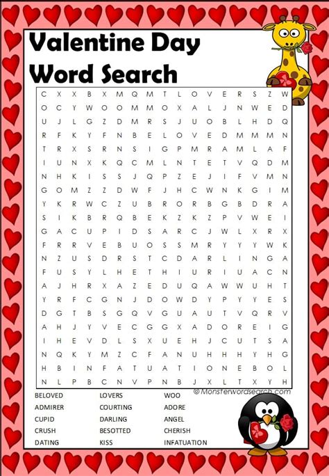 valentine day word search monster word search