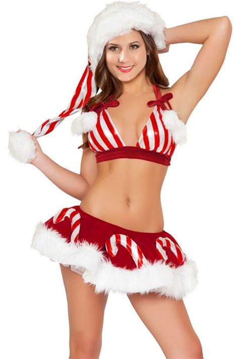 Sexy Christmas Santa Set Women Striped Candy Cane Christmas Costume