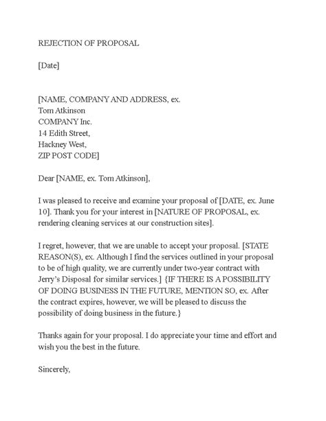 bid proposal rejection letter templates  allbusinesstemplatescom