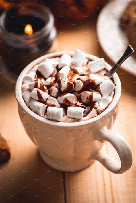 hot chocolate cup with marshmallows high quality food images