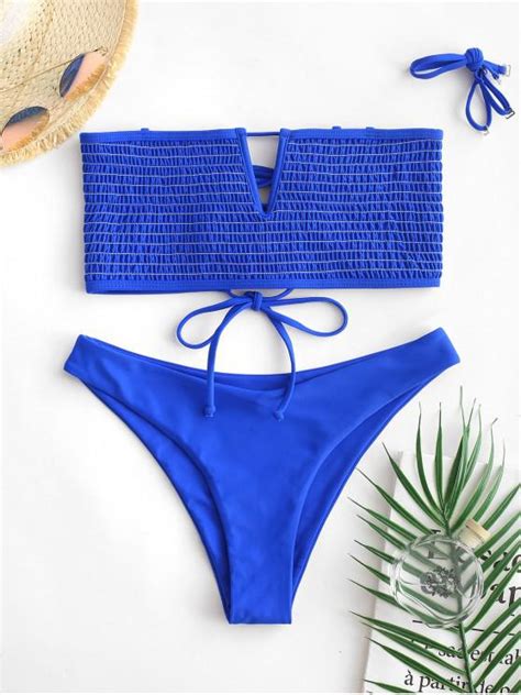 [78 Off] 2021 Zaful V Wired Neon Smocked Bikini Set In Cobalt Blue Zaful