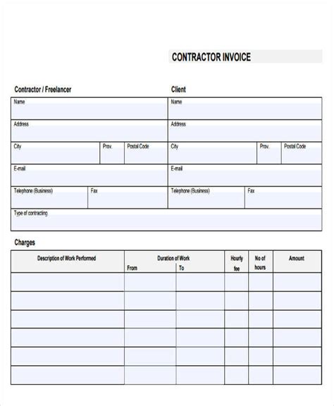printable blank contractor invoice template   fill  sign riset