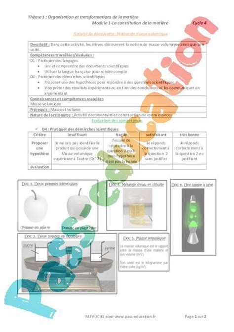 notion de masse volumique eme activite de decouverte avec les