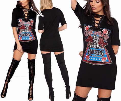 Women Sexy V Neck T Shirt Dress Skull Print Punk Rock Halter Dress 2018