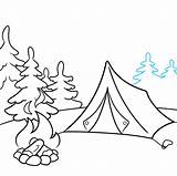 Camping Draw Scene Drawing Tent Step Sketch Trees Easy Behind sketch template