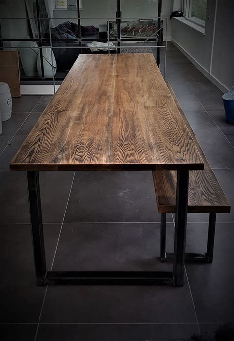 long dining table  bench  darkened aged oak top   client