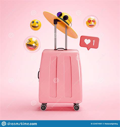 Online Travel Holiday Concept Pink Suitcase Emoji 3d Rendering Stock