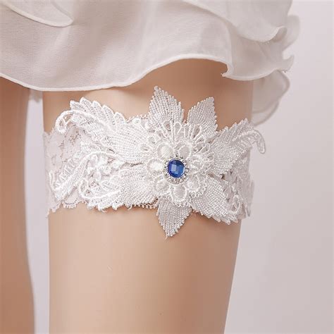 Wedding Garters Blue Rhinestone White Embroidery Floral Sexy Garters