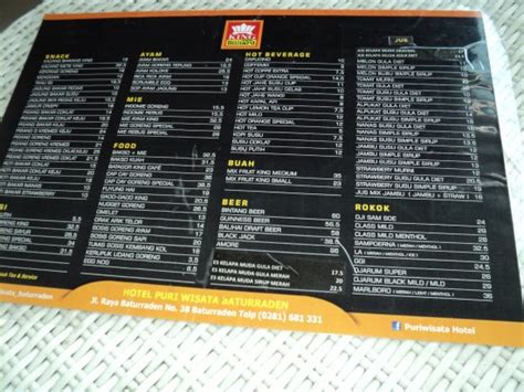 daftar menu harga makanan minuman puri wisata hotel picture of puri