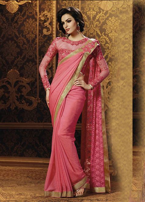 buy pink embroidered chiffon saree with blouse online