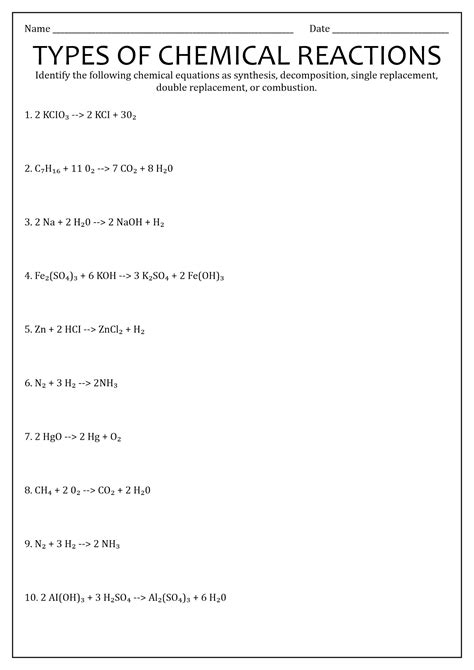 images  types chemical reactions worksheets answers types